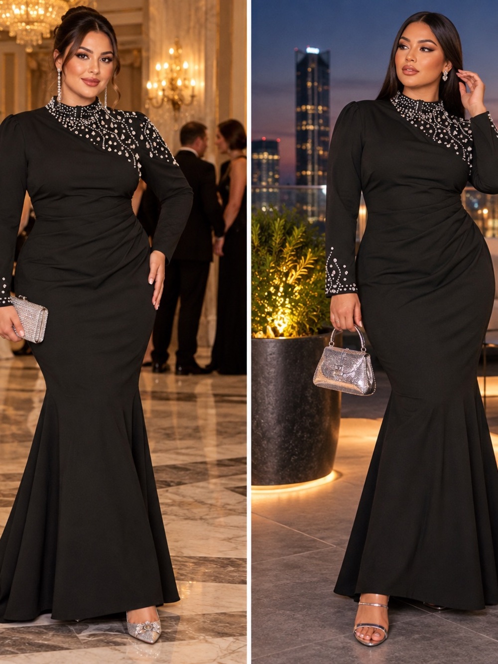 SHEIN Black Rhinestone Embellished Mermaid Maxi Formal Gown